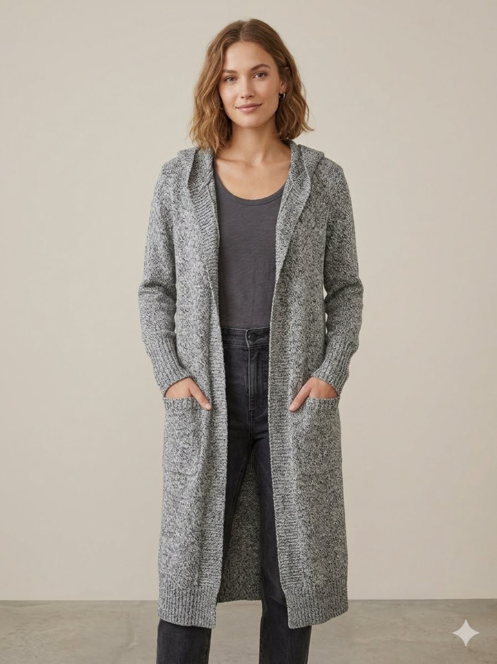 Anthropologie Sunday in Brooklyn Hooded Long Duster Cardigan Marled Heather Gray